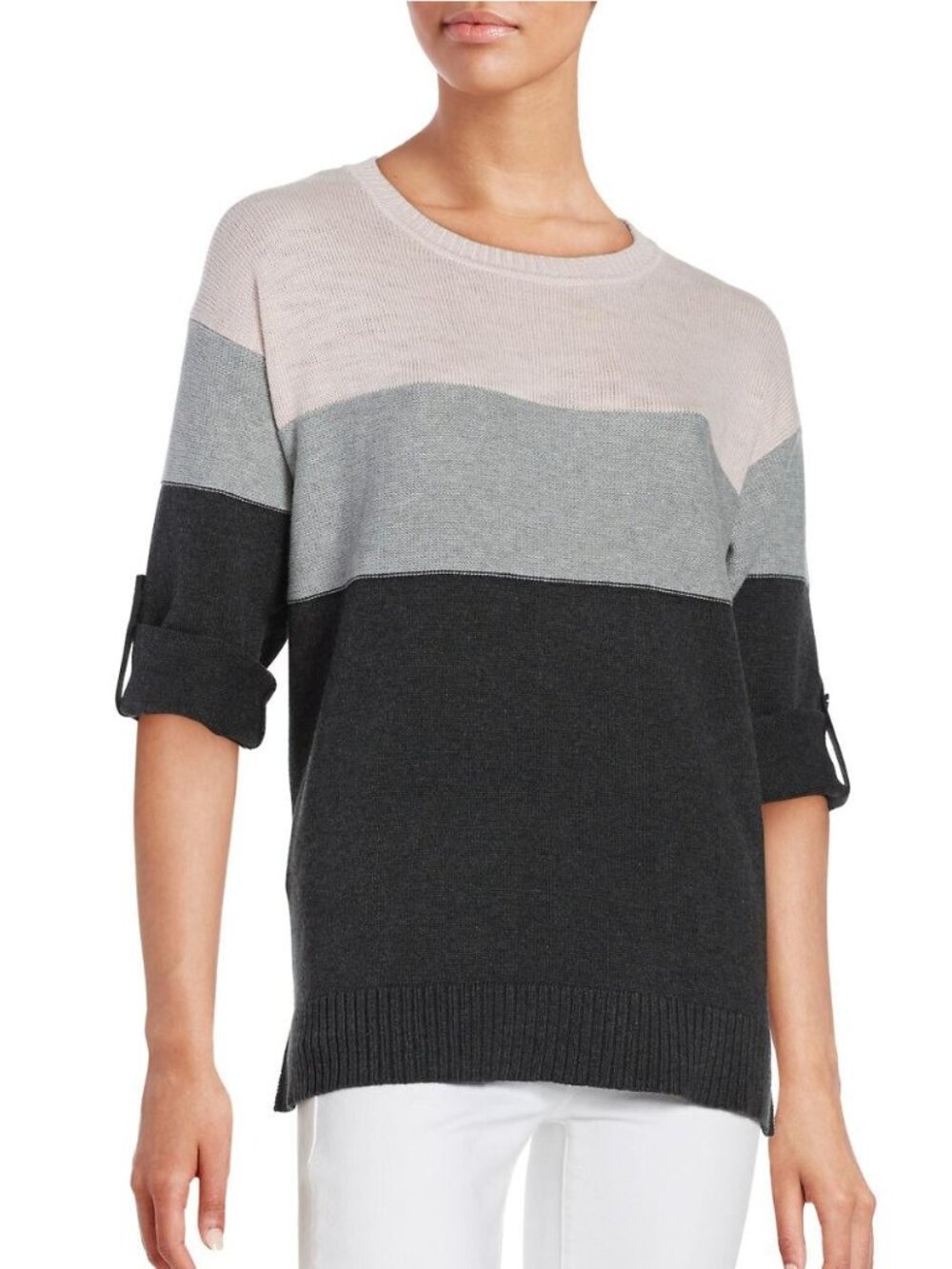 VINCE CAMUTO Roll-Tab Peach,  Lt Grey, Dk Grey Colorblocked Sweater (S) NWT $89
